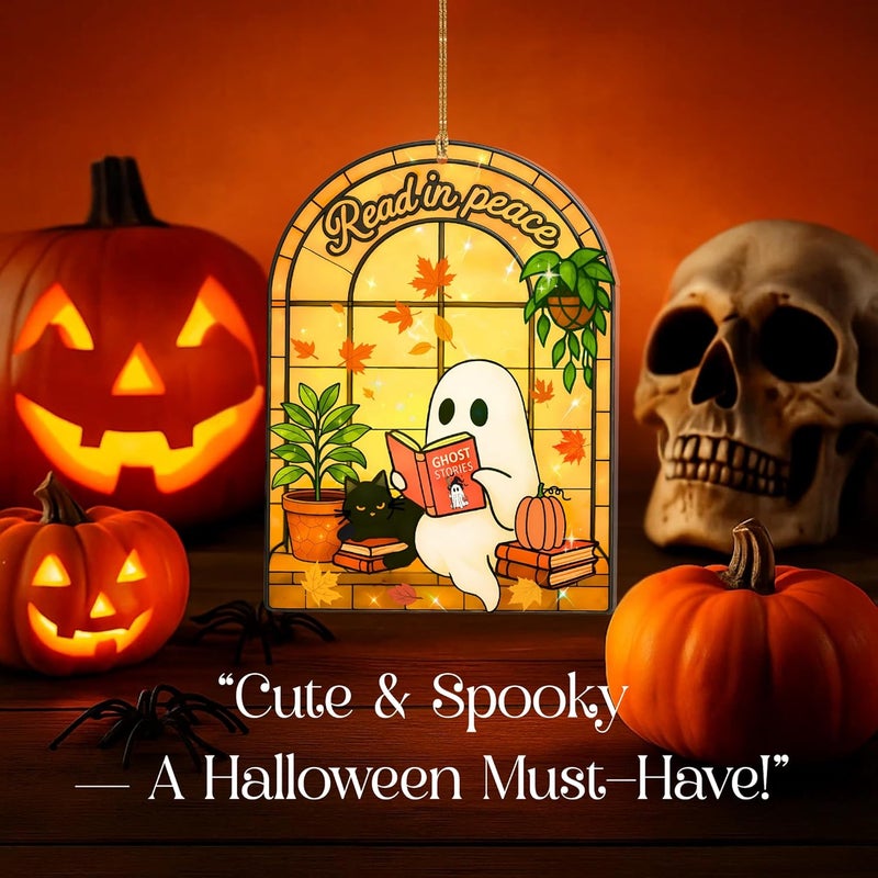 Hutato Halloween Ghost Reading Book Suncatcher, Ghost and Black Cat Acrylic Window Hanging Decor, Reading Book Sun Catcher, Book Lover Gift (Ma 1) - Image 3